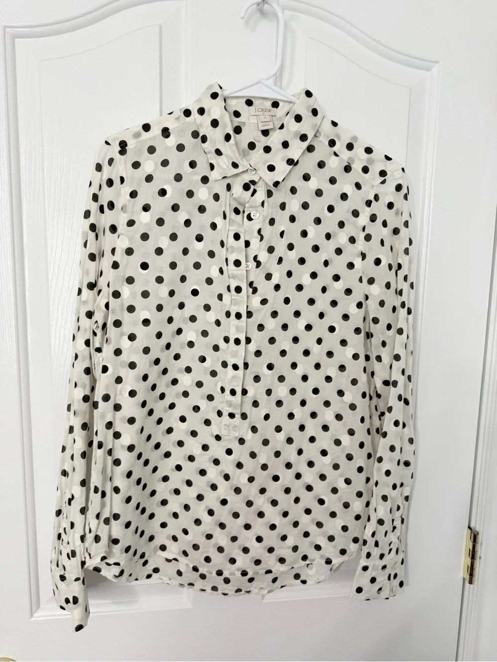 J. Crew Cream Half Button-Down Shirt with Black Polka Dots